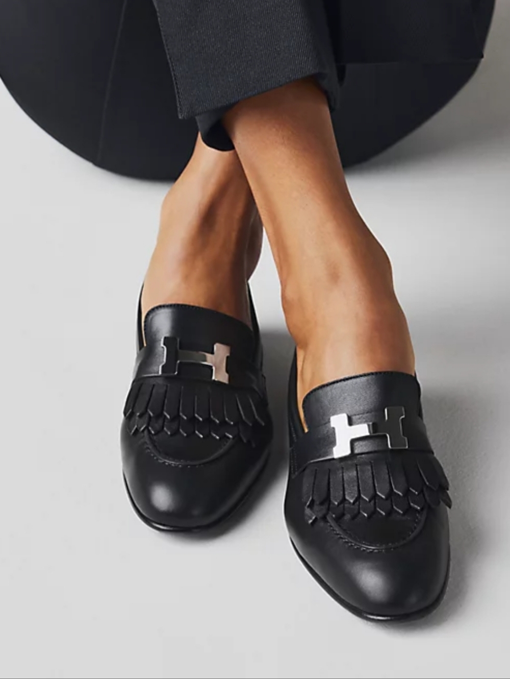 Hermes Black Leather Fringe Kiltie Mules with Silver H Logo - Picture 1 of 7